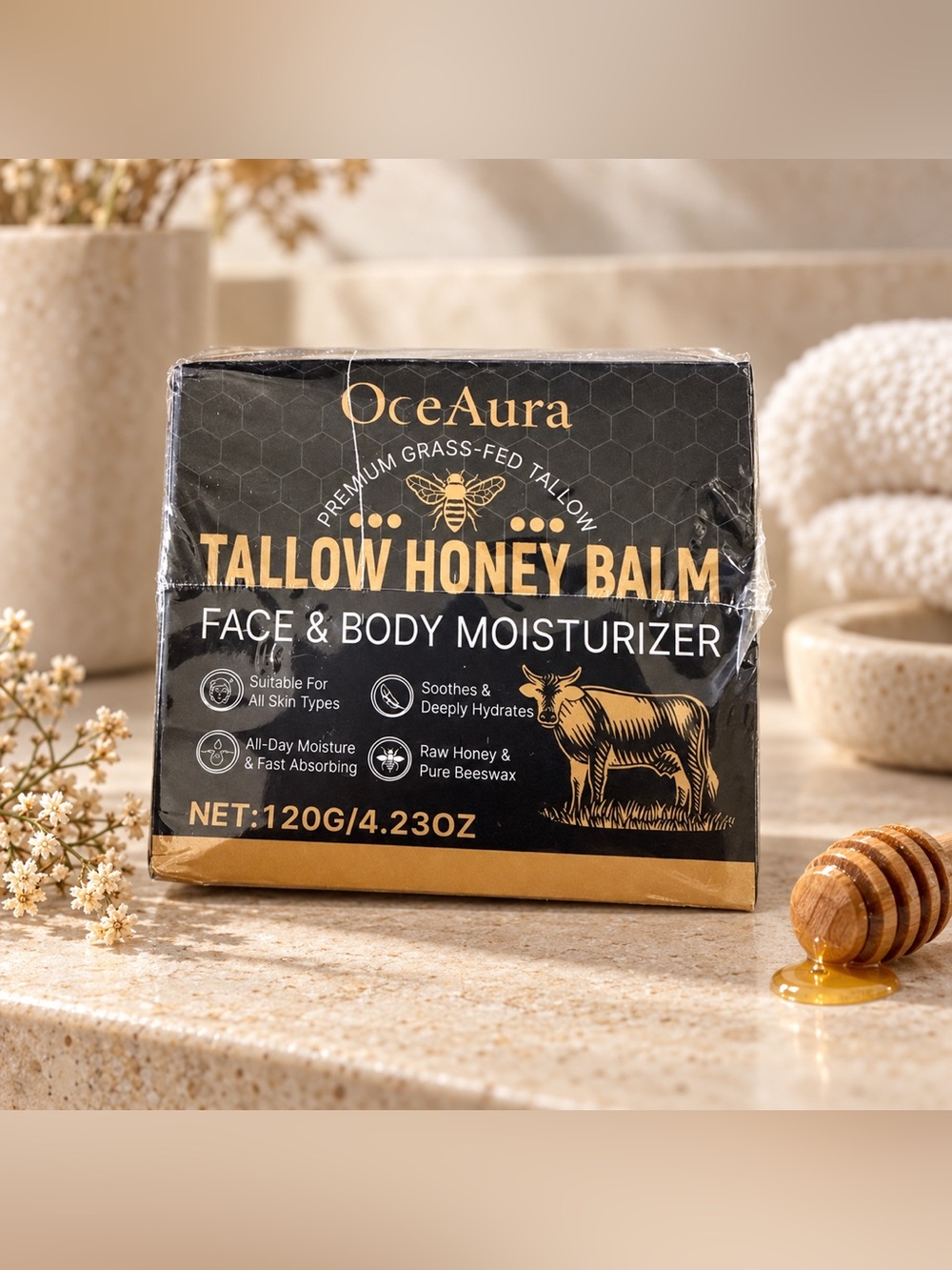 Tallow Honey Balm Face & Body Moisturizer - Black/Gold 4.23OZ